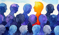 Watercolor of an abstract group of people with one person highlighted in orange